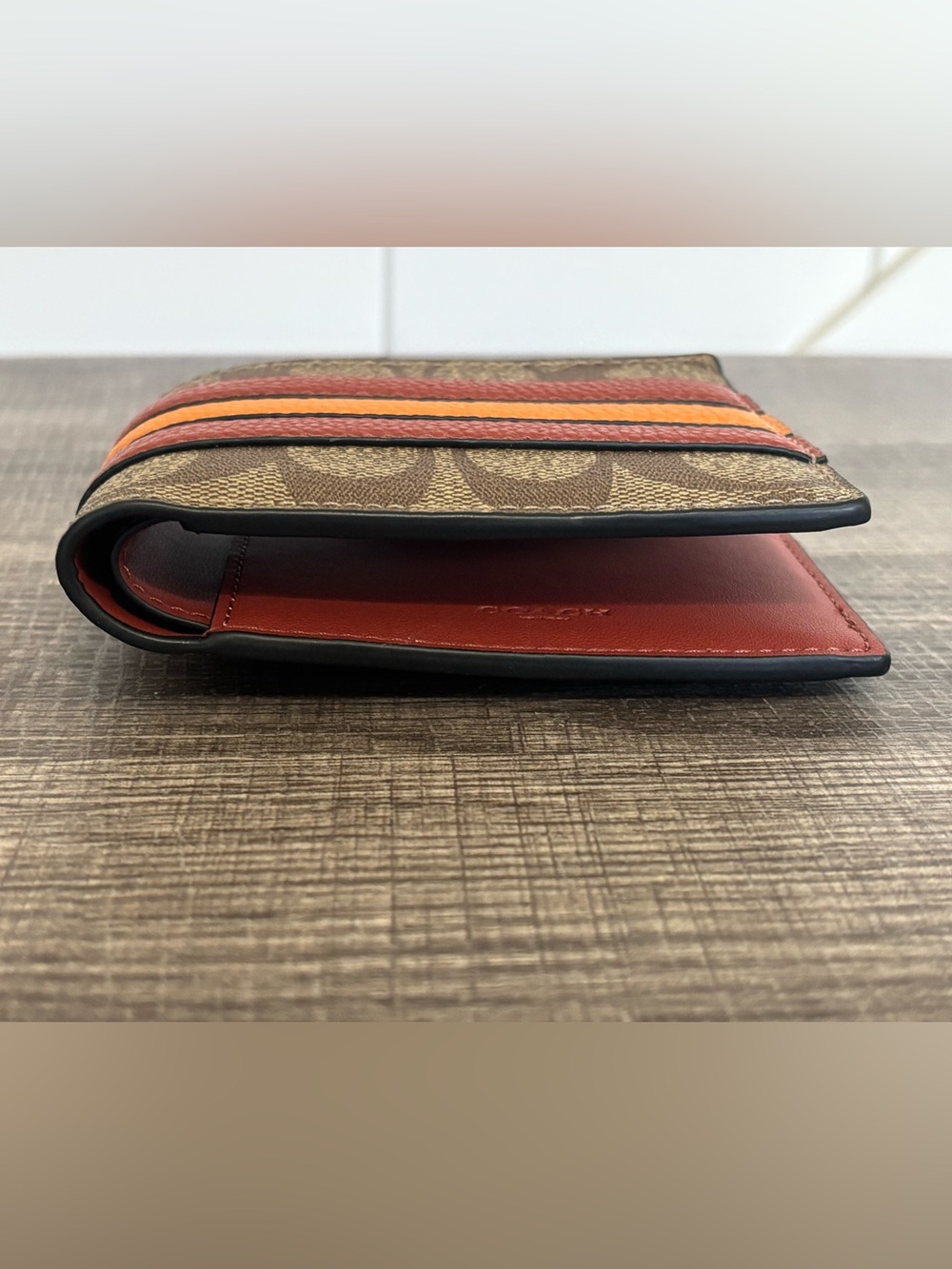 Coach Signature Canvas Bifold Wallet with Red and Orange Stripes - Picture 7 of 11